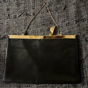 Vintage Black Leather Clutch with Gold Trim